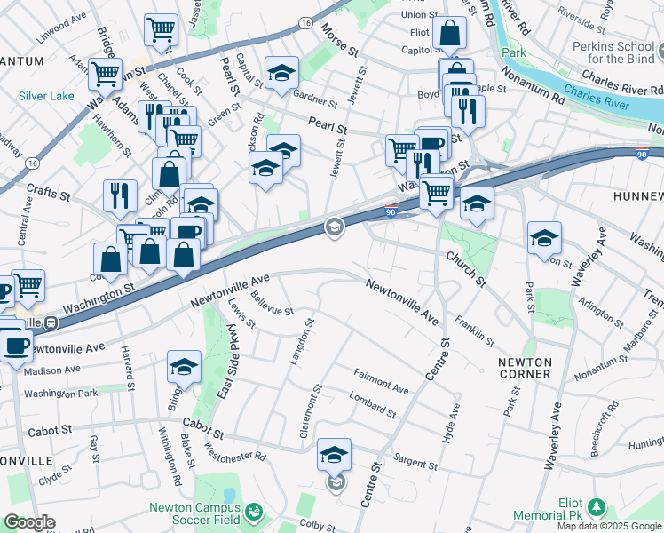 map of restaurants, bars, coffee shops, grocery stores, and more near 121 Newtonville Avenue in Newton