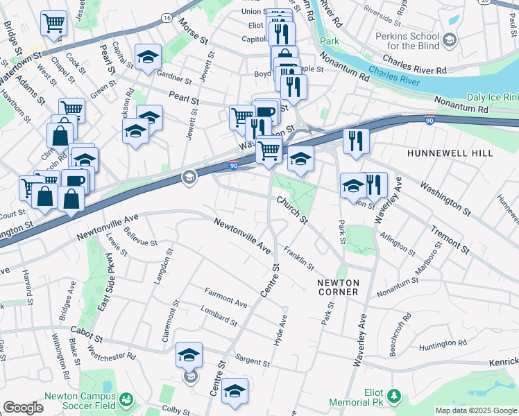 map of restaurants, bars, coffee shops, grocery stores, and more near 176 Church Street in Newton
