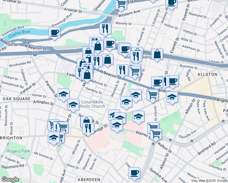 map of restaurants, bars, coffee shops, grocery stores, and more near 55 Saybrook Street in Boston