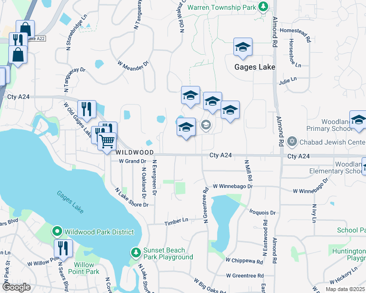 map of restaurants, bars, coffee shops, grocery stores, and more near 18160 West Gages Lake Road in Grayslake