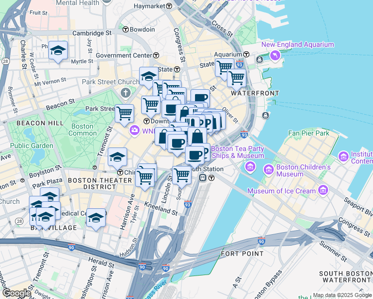 map of restaurants, bars, coffee shops, grocery stores, and more near 175 Federal Street in Boston