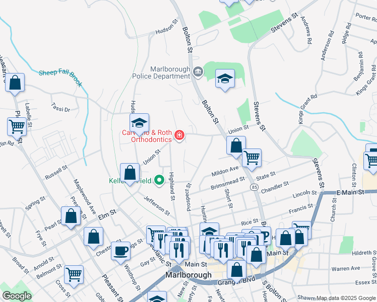 map of restaurants, bars, coffee shops, grocery stores, and more near 4 Barnes Circle in Marlborough