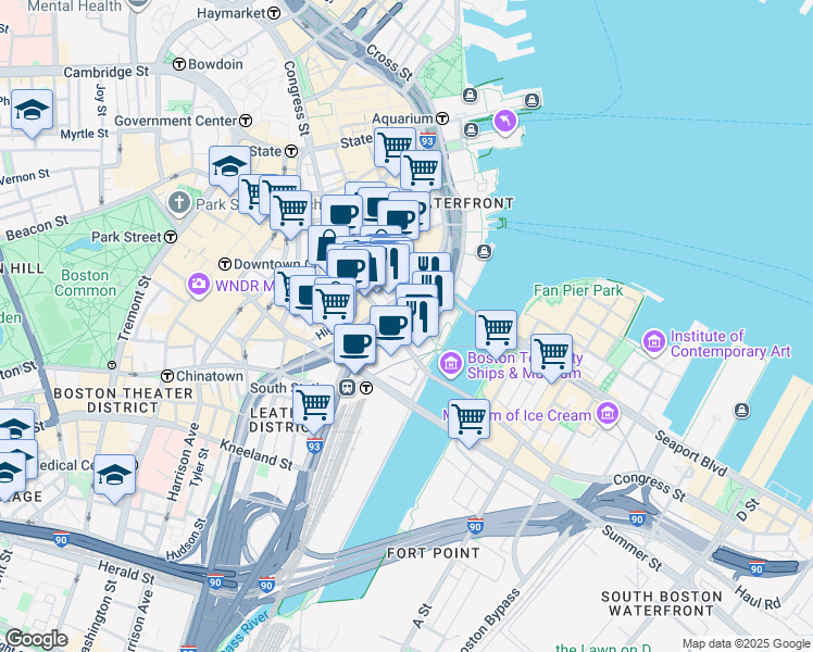 map of restaurants, bars, coffee shops, grocery stores, and more near 530 Atlantic Avenue in Boston