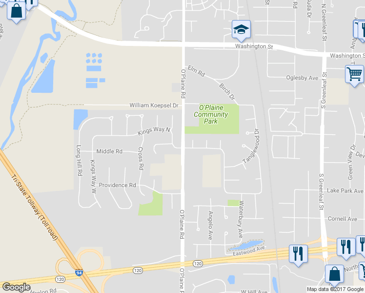 map of restaurants, bars, coffee shops, grocery stores, and more near 33742 O'Plaine Road in Gurnee