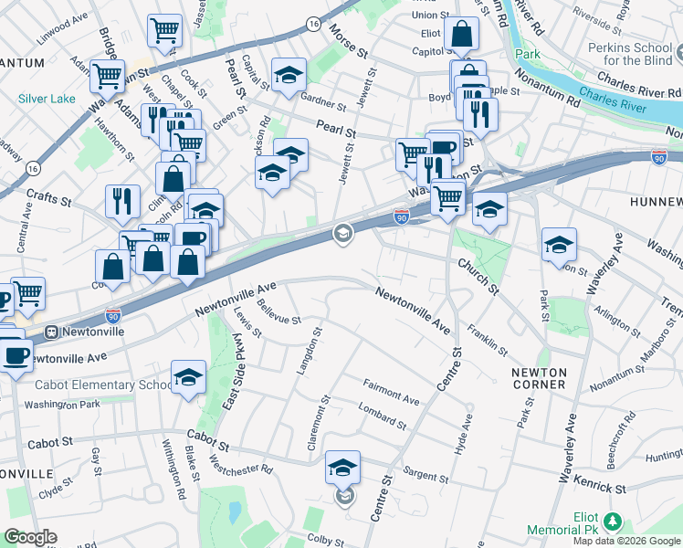 map of restaurants, bars, coffee shops, grocery stores, and more near 121 Newtonville Avenue in Newton
