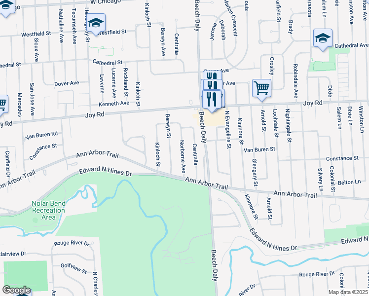 map of restaurants, bars, coffee shops, grocery stores, and more near 8527 Centralia Street in Dearborn Heights