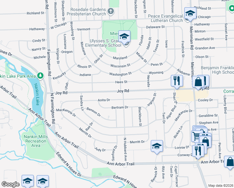 map of restaurants, bars, coffee shops, grocery stores, and more near 32445 Joy Road in Westland