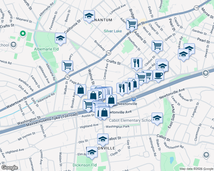 map of restaurants, bars, coffee shops, grocery stores, and more near 57 Turner Terrace in Newton