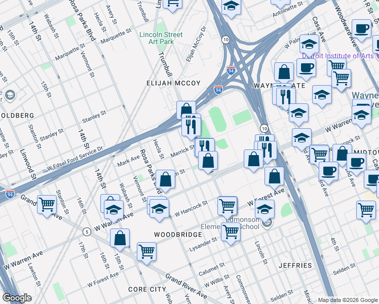 map of restaurants, bars, coffee shops, grocery stores, and more near 1541 Merrick Street in Detroit