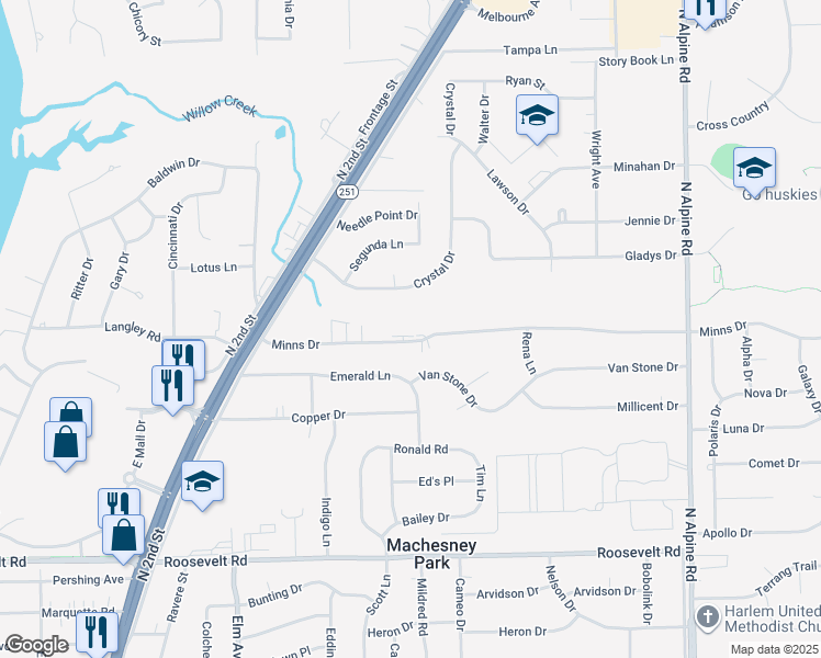 map of restaurants, bars, coffee shops, grocery stores, and more near 1128 Minns Drive in Machesney Park