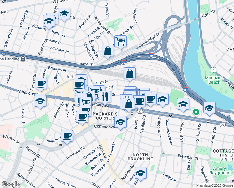 map of restaurants, bars, coffee shops, grocery stores, and more near 72 Gardner Street in Boston