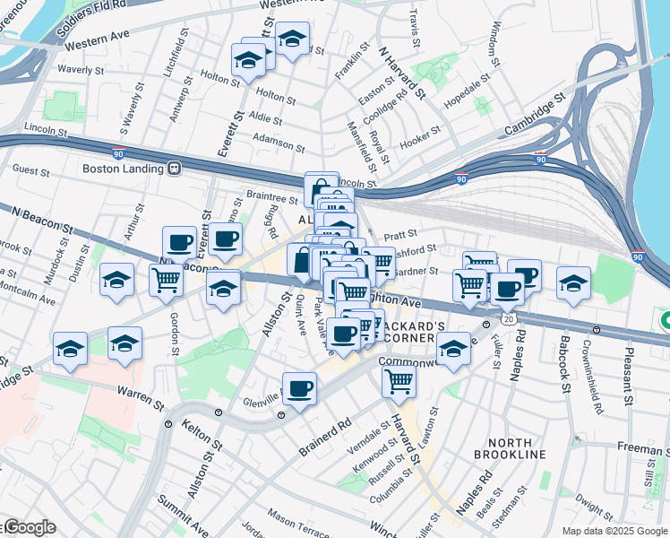 map of restaurants, bars, coffee shops, grocery stores, and more near in Boston