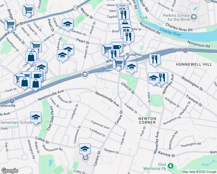 map of restaurants, bars, coffee shops, grocery stores, and more near 14 Maple Avenue in Newton