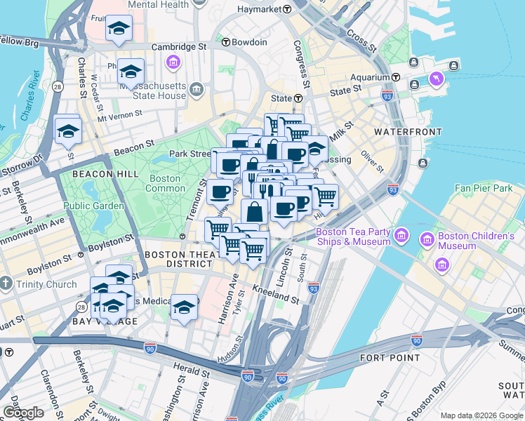 map of restaurants, bars, coffee shops, grocery stores, and more near in Boston