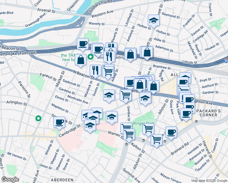 map of restaurants, bars, coffee shops, grocery stores, and more near 68 Saunders Street in Boston
