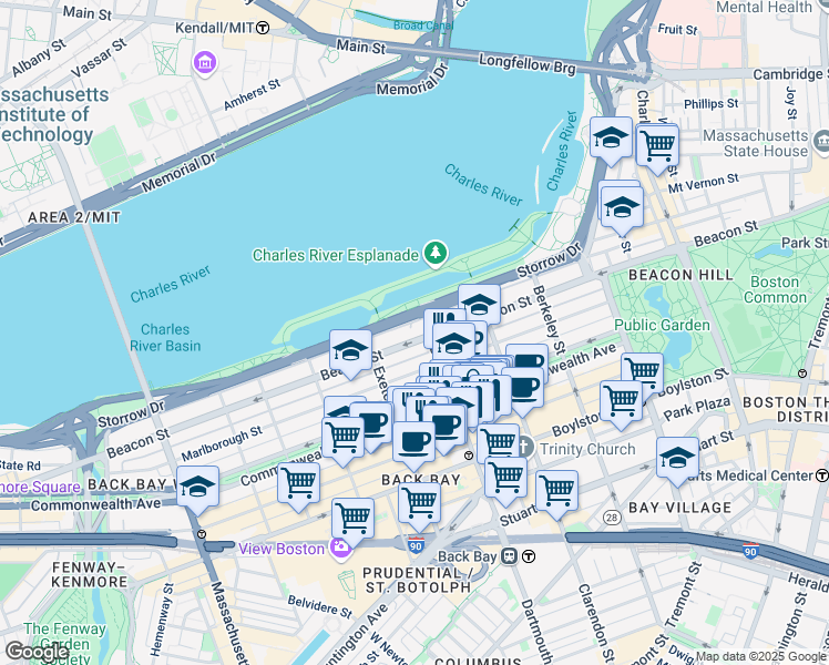 map of restaurants, bars, coffee shops, grocery stores, and more near 232 Beacon Street in Boston