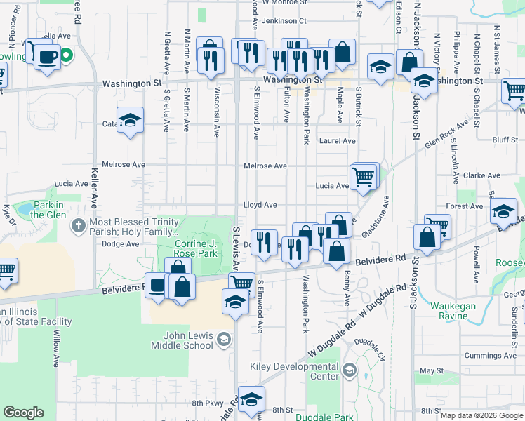 map of restaurants, bars, coffee shops, grocery stores, and more near 1716 Lloyd Avenue in Waukegan