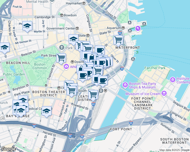 map of restaurants, bars, coffee shops, grocery stores, and more near 155 Federal Street in Boston