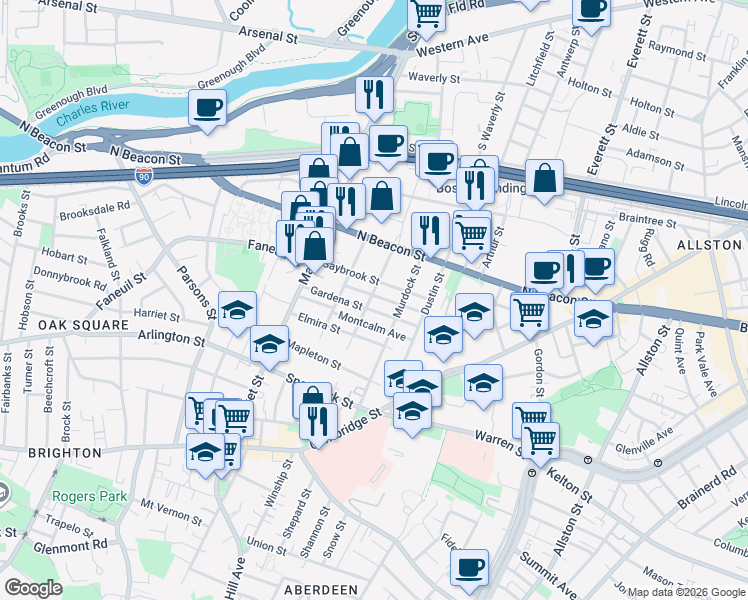 map of restaurants, bars, coffee shops, grocery stores, and more near 50 Etna Street in Boston