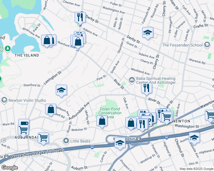 map of restaurants, bars, coffee shops, grocery stores, and more near 198A River Street in Newton