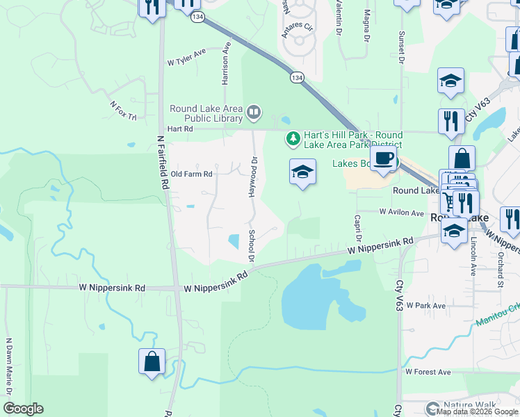 map of restaurants, bars, coffee shops, grocery stores, and more near 317 Haywood Drive in Round Lake