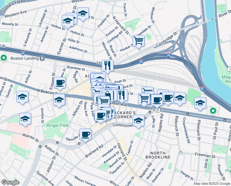 map of restaurants, bars, coffee shops, grocery stores, and more near 44 Linden Street in Boston
