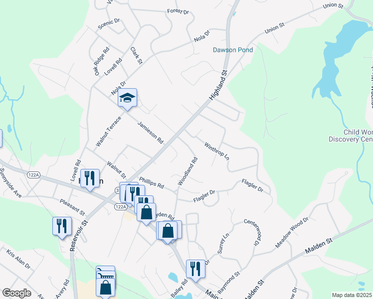 map of restaurants, bars, coffee shops, grocery stores, and more near 30 Woodland Road in Holden