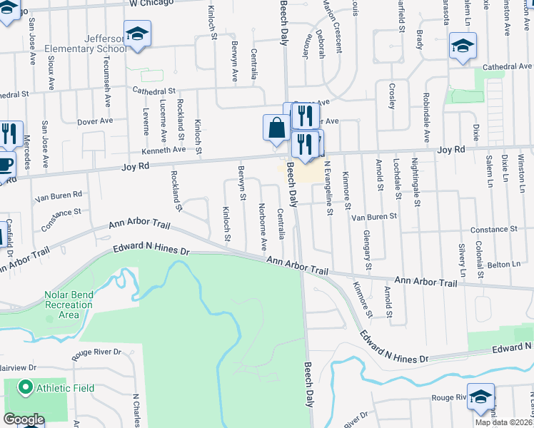 map of restaurants, bars, coffee shops, grocery stores, and more near 8527 Centralia Street in Dearborn Heights