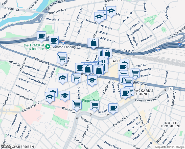 map of restaurants, bars, coffee shops, grocery stores, and more near 5 North Beacon Street in Boston