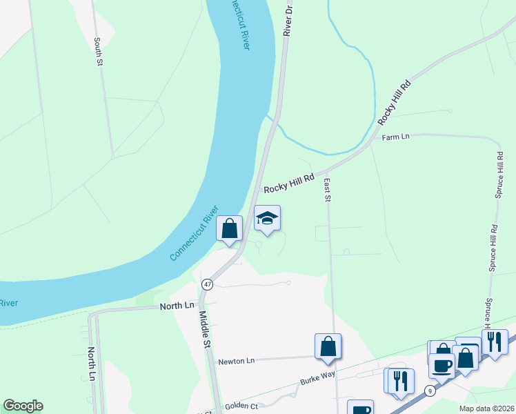 map of restaurants, bars, coffee shops, grocery stores, and more near 1 Rocky Hill Road in Hadley