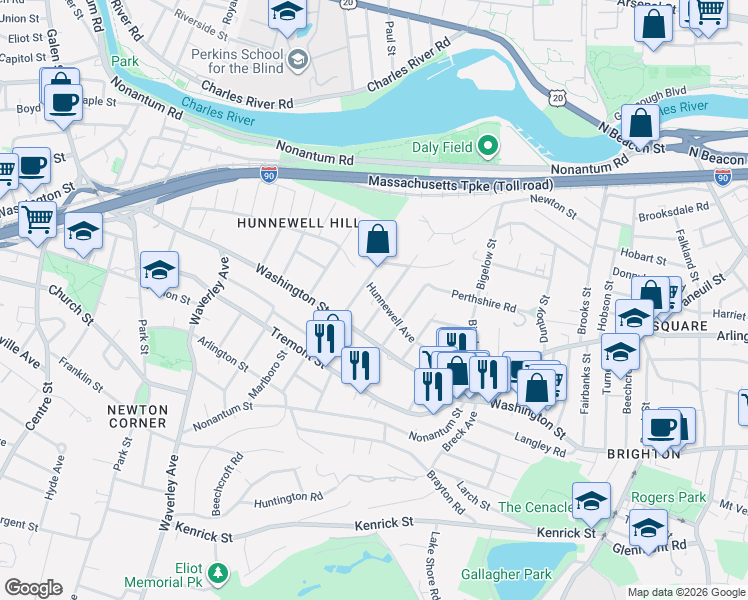 map of restaurants, bars, coffee shops, grocery stores, and more near 82 Hunnewell Avenue in Boston
