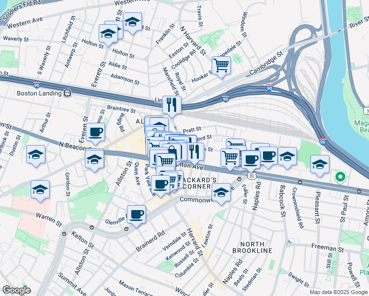 map of restaurants, bars, coffee shops, grocery stores, and more near 34 Gardner Street in Boston