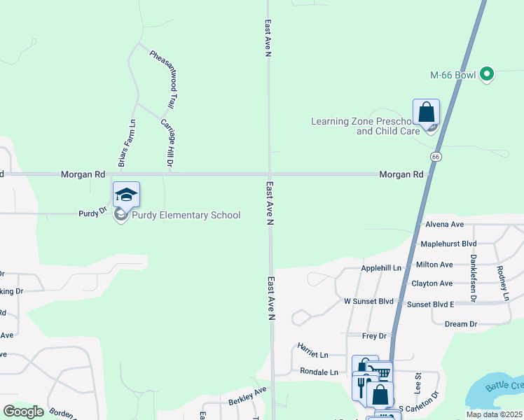 map of restaurants, bars, coffee shops, grocery stores, and more near 19381 East Avenue North in Battle Creek