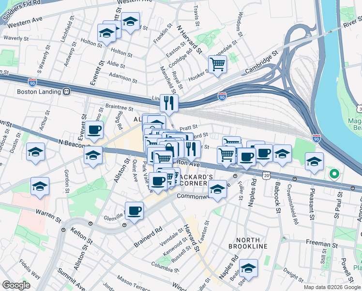 map of restaurants, bars, coffee shops, grocery stores, and more near 44 Linden Street in Boston