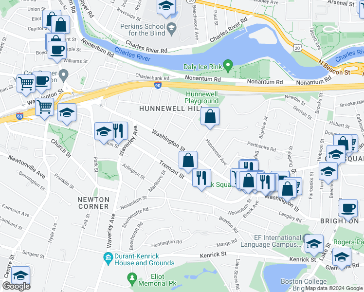 map of restaurants, bars, coffee shops, grocery stores, and more near 33 Washington Street in Newton