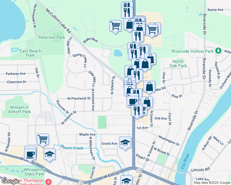 map of restaurants, bars, coffee shops, grocery stores, and more near 1817 North Orleans Street in McHenry