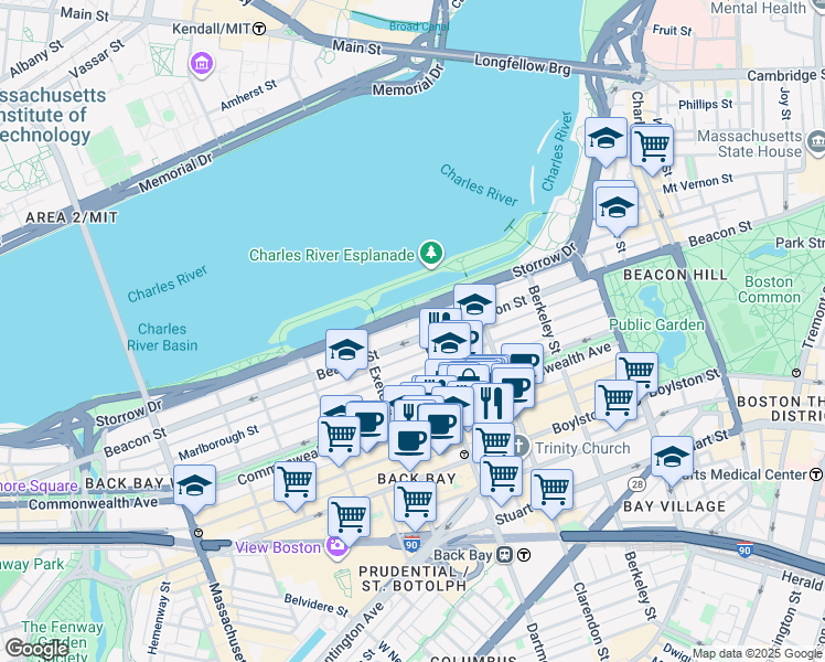 map of restaurants, bars, coffee shops, grocery stores, and more near 232 Beacon Street in Boston