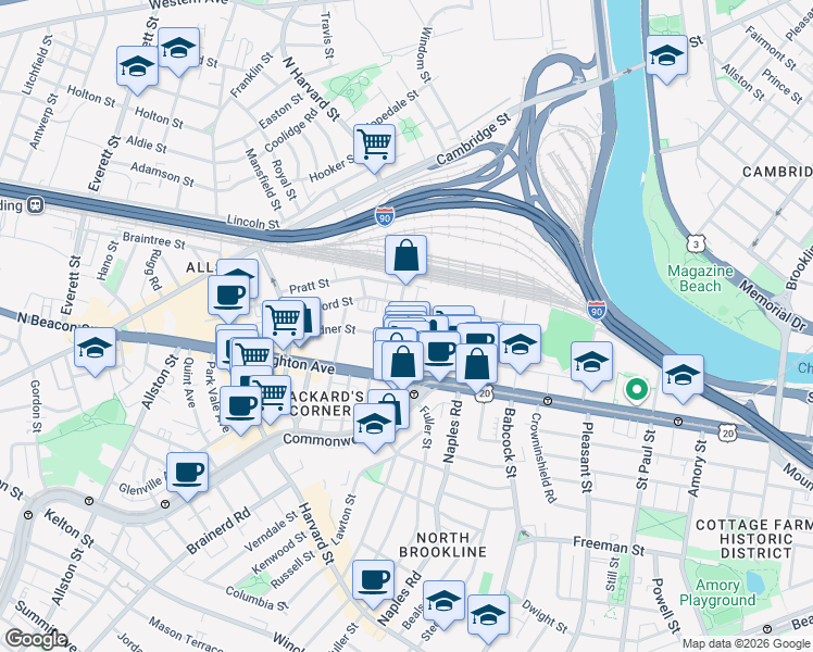 map of restaurants, bars, coffee shops, grocery stores, and more near 69 Ashford Street in Boston