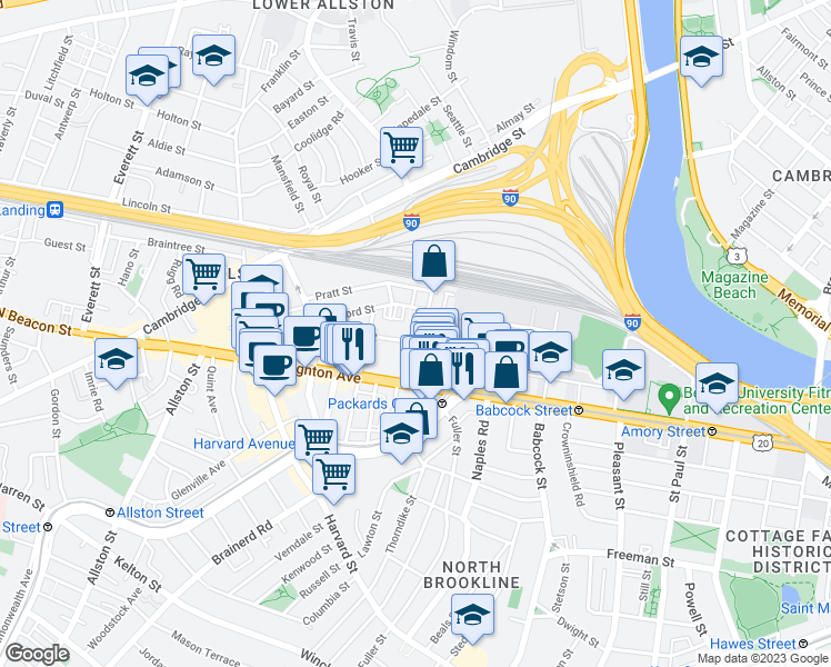 map of restaurants, bars, coffee shops, grocery stores, and more near 69 Ashford Street in Boston