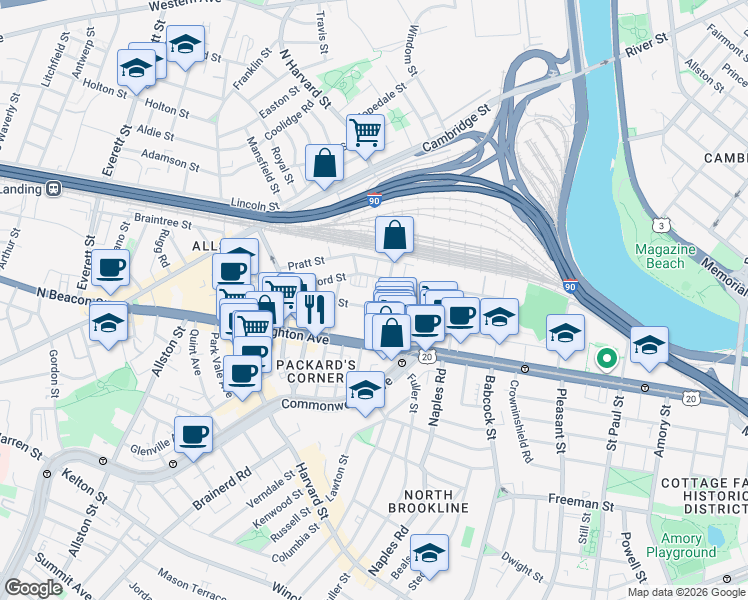 map of restaurants, bars, coffee shops, grocery stores, and more near 72 Gardner Street in Boston