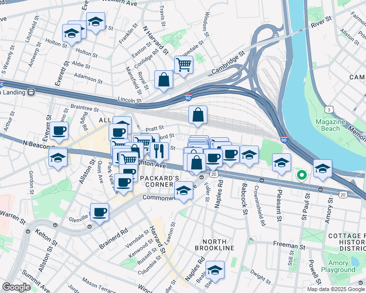 map of restaurants, bars, coffee shops, grocery stores, and more near 72 Gardner Street in Boston