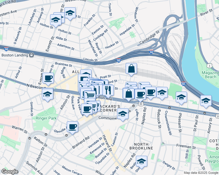 map of restaurants, bars, coffee shops, grocery stores, and more near 56 Gardner Street in Boston