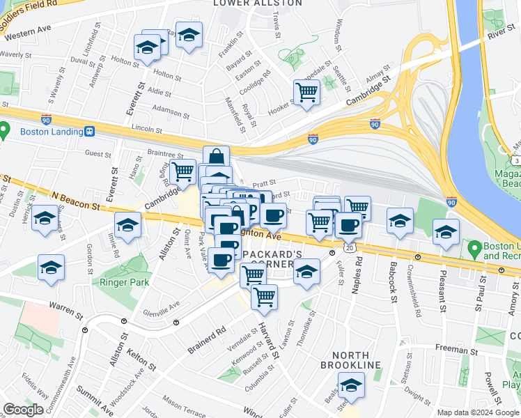 map of restaurants, bars, coffee shops, grocery stores, and more near 44 Linden Street in Boston