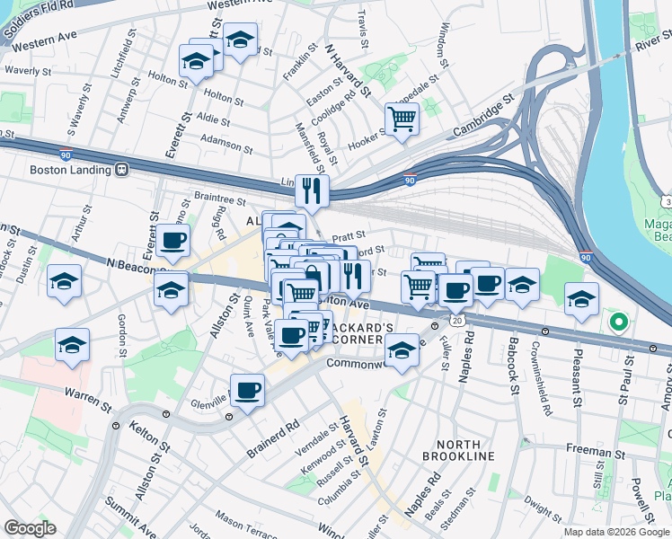 map of restaurants, bars, coffee shops, grocery stores, and more near in Boston