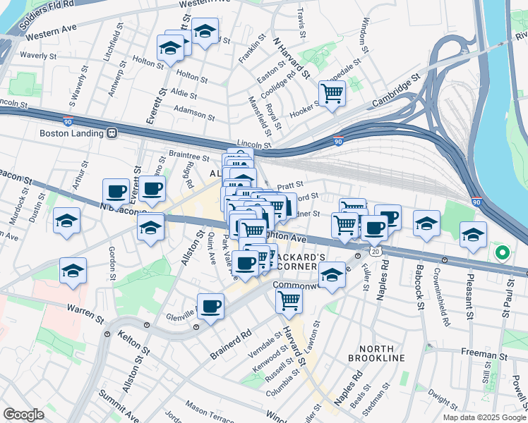 map of restaurants, bars, coffee shops, grocery stores, and more near 9 Farrington Avenue in Boston