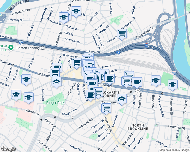 map of restaurants, bars, coffee shops, grocery stores, and more near 9 Farrington Avenue in Boston