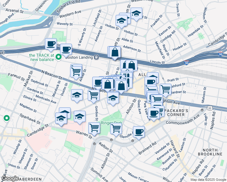map of restaurants, bars, coffee shops, grocery stores, and more near 5 North Beacon Street in Boston