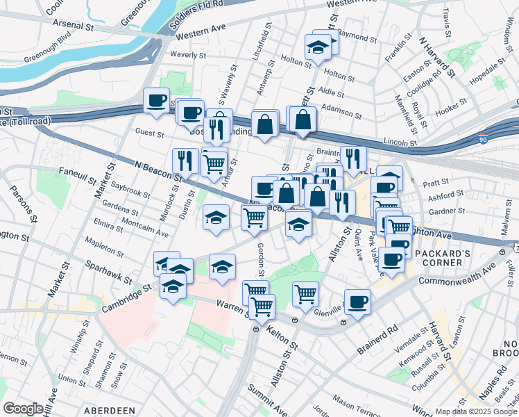 map of restaurants, bars, coffee shops, grocery stores, and more near 61 North Beacon Street in Boston