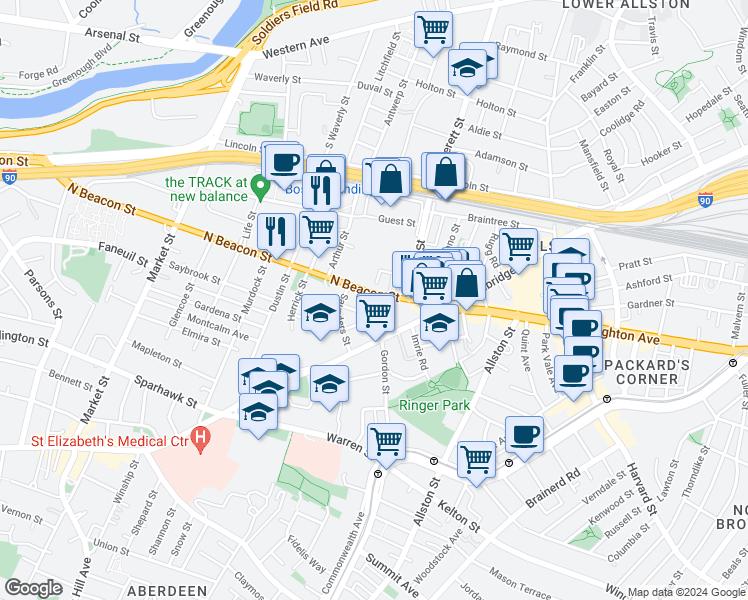 map of restaurants, bars, coffee shops, grocery stores, and more near 61 North Beacon Street in Boston