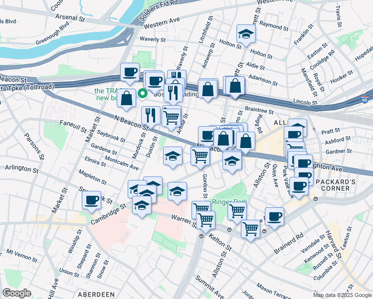 map of restaurants, bars, coffee shops, grocery stores, and more near 68 Saunders Street in Boston